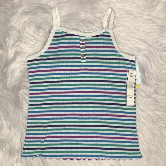Colorful Striped Tank Top with Button Neckline and Lettuce Style Bottom Hem - Picture 1 of 5